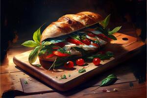 illustration of luxury italian sun sandwich, sitting on a wood board in a small Italian deli photo