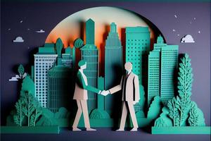 Business man in the city background, colorful. Business handshaking, successful concept. Paper cut craft, 3d paper illustration style. Neural network generated art. photo