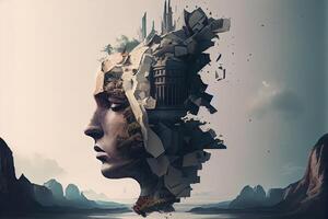 illustration of a mind in flux, a surreal digital artwork of a person's face fragmented into disparate states, state in mind, sad, negative, worry photo