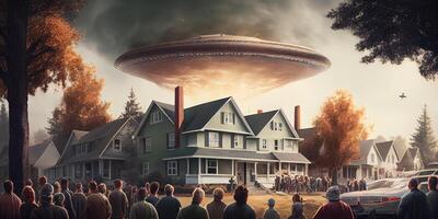 illustration of Ufo hovering above homes and a crowd of people photo