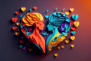 illustration of origami Valentine day background, happy couple, colorful. Paper cut craft, 3d paper style. Neural network generated art. Digitally generated image photo