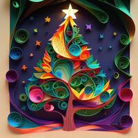 illustration of photo paper cut quilling multidimensional paper cut, craft paper illustration, christmas tree and colored lights vine stars, pop color. Neural network generated art.