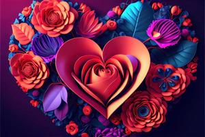 valentines day background, love heart shape make by rose, cherry blossom, daisy flowers... . Neural network generated art. Digitally generated image. Not based on any actual scene or pattern. photo