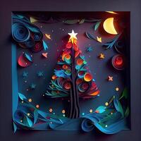 illustration of photo paper cut quilling multidimensional paper cut, craft paper illustration, christmas tree and colored lights vine stars, pop color. Neural network generated art.