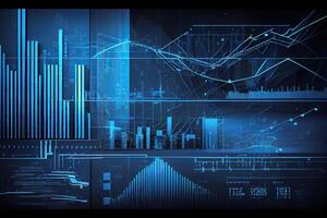 generativo ai ilustración de financiero gráficos, futurista, silueta cripto moneda mercado, isométrica, azul antecedentes foto