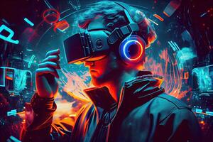 generativo ai ilustración de hombre con virtual realidad vr mirada sorprendida jugando Arkansas aumentado realidad juego y entretenimiento, futurista metaverso Gamefi nft juego ideas foto