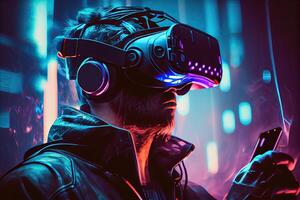 generativo ai ilustración de hombre con virtual realidad vr mirada sorprendida jugando Arkansas aumentado realidad juego y entretenimiento, futurista metaverso Gamefi nft juego ideas foto