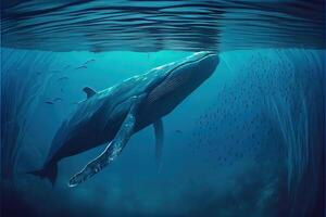 generativo ai ilustración de azul ballena debajo agua, Oceano foto