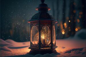 illustration of lantern with candles on a beautiful blue background with gold dust, stars and snow. Beautiful Christmas or New Year background. Neural network generated art. photo