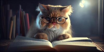 generativo ai ilustración de inteligente grave gato en lentes leyendo un libro, volumn ligero foto