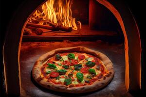 illustration of Italian pizza is cooked in a wood-fired oven. photo