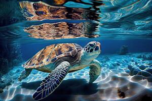 generativo ai ilustración de un mar Tortuga en cristal claro agua. increíble cristalino fondo del mar. arrecife lleno de vida foto