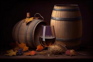 illustration of wine with wooden barrel, hay and grape photo