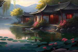 illustration of the lake is surrounded by green water plants, colorful green flowers, sparkling on the lake, traditional chinese house,cobblestone path,beautiful sunshine photo