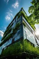 illustration of Gorgeous garden on the rooftop of a contemporary glass office building in Asia photo