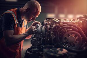 illustration of the expertise and professionalism of a mechanic as he works on repairing the engine of a car in a well-equipped garage photo