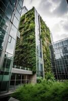 illustration of Gorgeous garden on the rooftop of a contemporary glass office building in Asia photo