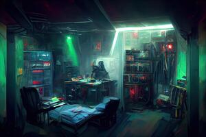 generativo ai ilustración de sucio y oscuro cyberpunk hacker escondite habitación con luces foto