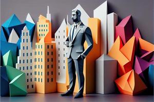 Business man in the city background, colorful. Business handshaking, successful concept. Paper cut craft, 3d paper illustration style. Neural network generated art. photo