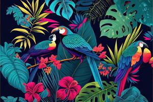 illustration of tropical pattern with jungle vegetation and exotic fauna in bright colors. photo