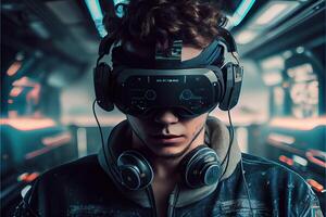 illustration of an enthusiastic young men wearing virtual reality goggles is inside the metaverse. Metaverse concept and virtual world elements. Neural network art photo