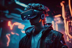 generativo ai ilustración de hombre con virtual realidad vr mirada sorprendida jugando Arkansas aumentado realidad juego y entretenimiento, futurista metaverso Gamefi nft juego ideas foto