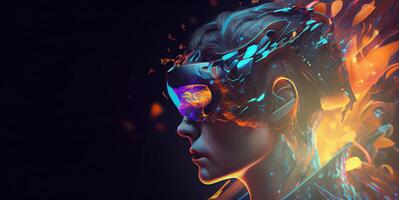 illustration of Metaverse concept and virtual world elements. Side view of human face in augmented or virtual reality headset inside the metaverse photo