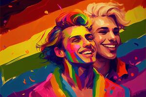 generativo ai ilustración de diversidad joven gay mujer y hombres con ondulación orgullo arco iris bandera. partidarios de el lgbt comunidad. neural red generado Arte. digitalmente generado imagen. foto