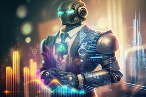 illustration of business robotic wear vest suit and tie, blur city background, data analyst, economic graphs, charts, crypto data, glass windows and buildings, skyscrapers, towers photo