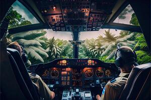 illustration of aircraft flight deck. The pilots at work. View from airplane cockpit photo