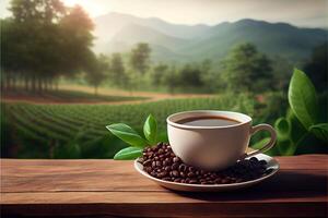 illustration of Cup of coffee and coffee beans on old wooden table and the plantations tea hill background photo