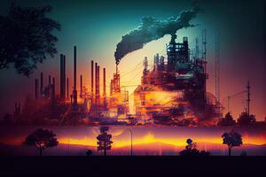 illustration of a double exposure artwork, an oil, gas, and petrochemical refinery facility demonstrates the future of electricity and the engineer photo