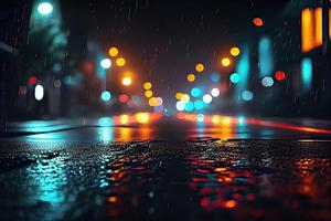 Generative AI illustration of a light effect, blurred background. Wet asphalt, night view of the city, neon reflections on the concrete floor. Dark abstract background, dark empty street photo