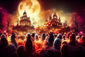 illustration of Colorful halloween indoor party, children playing on night halloween street, creepy castle, american neighborhood background. Digitally generated image. photo