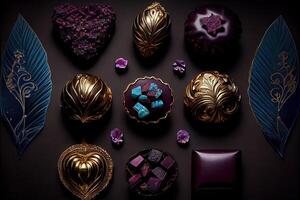 illustration of a symmetrical knolling flat lay of different exquisite types of pretty baroque chocolates, royal jewel tones and glitter, gilded black background photo