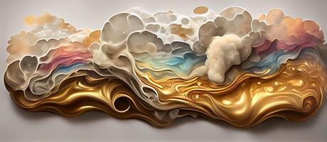 illustration of abstract fluid composing waves of varying sizes and colors is divided into layers, taupe, ivory, white, beige, and soft gold colors, gold glitter photo