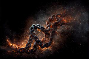 illustration of breaking steel chain with fire dust in dark background. Neural network generated art. photo