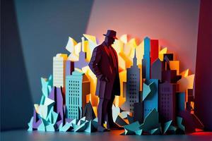 Business man in the city background, colorful. Business handshaking, successful concept. Paper cut craft, 3d paper illustration style. Neural network generated art. photo