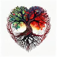 illustration of tree of life, roots making red heart shape, celtic style, colorful, white background photo