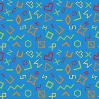 The seamless pattern in geometry art theme with geometry shape, corner, triangle, square, hexagon, cross, rectangle, heart, diamond in blue, yellow, red, green and orange color, Vector Illustration