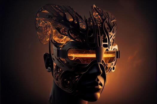 illustration of Metaverse concept and virtual world elements. Silhouette of a human face in augmented or virtual reality headset. Neural network art photo