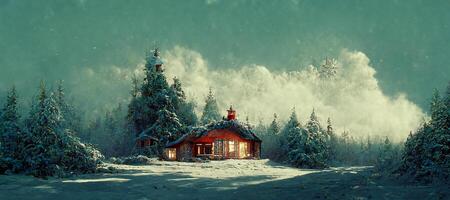 illustration of Rustic country house, snowy winter, a cozy wooden cabin cottage chalet house covered in snow near ski resort in winter with the lights turn on. Digital art. photo