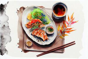 illustration of knolling japanese cuisine food, watercolor paint style, set of asian food photo