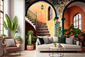 illustration of the beauty and richness of a traditional Mexican living room and patio, with bright colors on the walls, cacti, tropical leaves, lanterns, majestic arches, and stairs photo