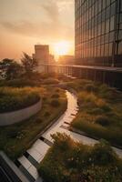 illustration of Gorgeous garden on the rooftop of a contemporary glass office building in Asia photo