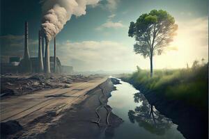 illustration of landscape with ecological disaster. Polluted earth and ocean photo