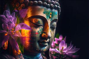 illustration of abstract lifelike buddha, flowers, magic lighting, beautiful metallic and stone colors, detailed, natural lighting, natural environment. Digitally generated image photo