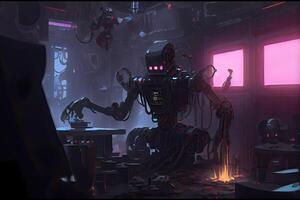 illustration of humanoid robot working in research laboratory. Artificial intelligence, automation of science, studio lighting, fantasy composition, cyberpunk photo