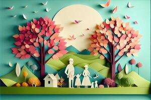 illustration of origami spring background, joyful elderly, happy family with parent, colorful. Paper cut craft, 3d paper illustration style, pop color. Neural network generated art. photo