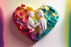 illustration of origami Valentine day background, happy couple, colorful. Paper cut craft, 3d paper style. Neural network generated art. Digitally generated image photo